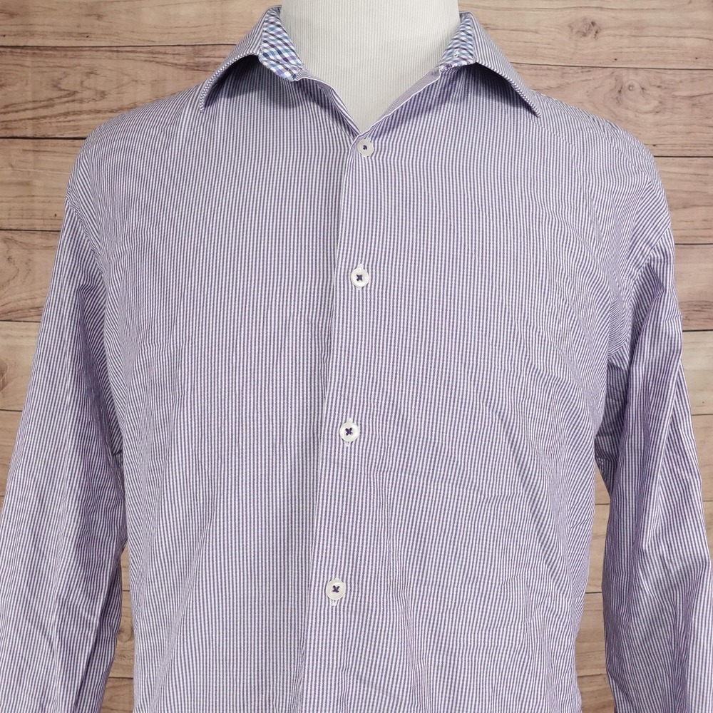 Tattersall Dress Shirt Mens 17 1/4 32/33 Purple Stripe Cotton Long Sleeve London